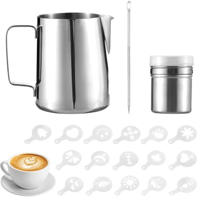 19-delige Koffie Kunst Set 12oz 350ml Roestvrijstalen Melkopschuimpit met Schaal Poederstrooier Kunstpen en 16 stuks Koffie 19pcs Set gray