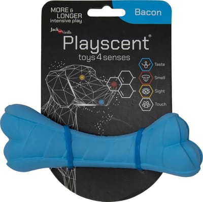 Jack And Vanilla hondenspeelgoed - Lengte 16cm - Hondenspeelgoed - Honden speelgoed - Kauwbot - Puppyspeelgoed - Playscent Been - Bacon - Blauw