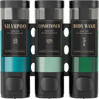 Famanu – Shampoo- en conditionerdispenser met 3 vakken, zonder boren, wandmontage, inclusief waterdichte labels, zwart
