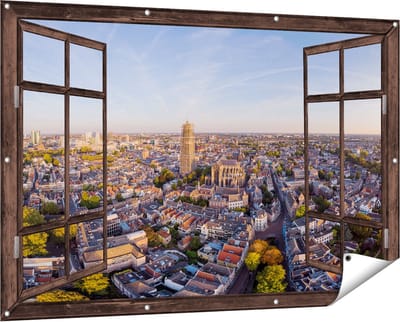 Gards Tuinposter Doorkijk Utrecht vanuit de Lucht - 150x100 cm - Tuindoek - Tuindecoratie - Wanddecoratie buiten - Tuinschilderij