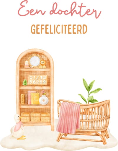 Wenskaart geboorte dochter- Kaart met 'Een dochter, gefeliciteerd'- Kaart voor meisje- Stevige kaart 400 grams papier - Kaart met aquarel tekening - Ansichtkaart met adresregels