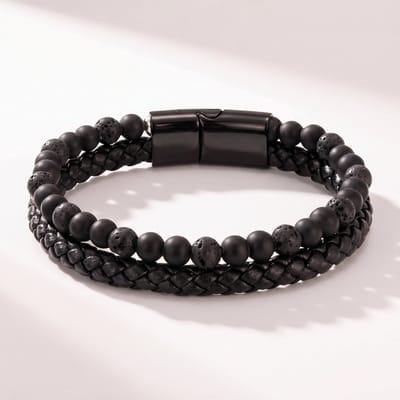 Lundholm Arvid Armband Heren Zwart – Kunst leren Armband met Lavasteen Kralen – Heren Armband Steen - Stainless Steel Sluiting – 21 cm – Mannen Cadeautjes Sieraad Armband Leer Mannen - Scandinavisch Design