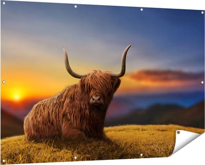 Gards Tuinposter Schotse Hooglander Koe op een Heuvel - 150x100 cm - Tuindoek - Tuindecoratie - Wanddecoratie buiten - Tuinschilderij