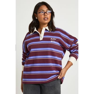 boohoo Dames Plus Soho NY Gestreept Rugby Sweatshirt | Bordeaux Rood | Maat: 50
