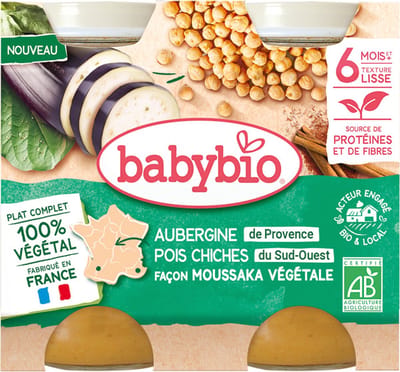 Babybio Aubergine Kikkererwten Moussaka Stijl 6 Maanden en Ouder Bio 2 x 200 g Kuipjes