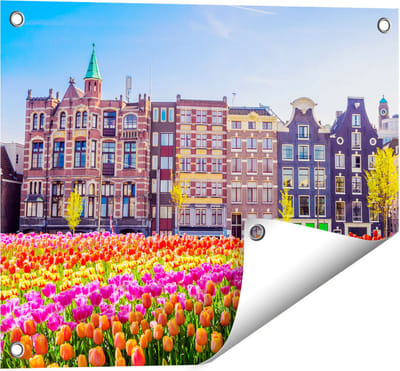 Gards Tuinposter Amsterdamse Huisjes met Tulpen - Kleur - 50x40 cm - Tuindoek - Tuindecoratie - Wanddecoratie buiten - Tuinschilderij