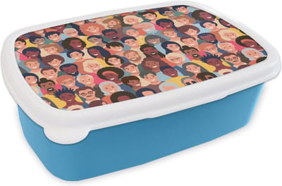 Broodtrommel Blauw - Lunchbox - Brooddoos - Diversiteit - Patronen - Gezicht - 18x12x6 cm - Kinderen - Jongen