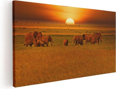 Artaza Canvas Schilderij Olifanten - 40x20 cm - Klein - Wanddecoratie Zonsondergang - Muurdecoratie Afrika - Schilderijen Dieren