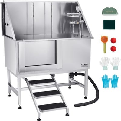 VEVOR Hondenwasstation van roestvrij staal, 1270x700x1545 mm, trimbad voor huisdieren met trap, PE-waterfilterplaat, kraan, douchekop en zeephouder, voor grote, middelgrote en kleine huisdieren (linkerdeur)