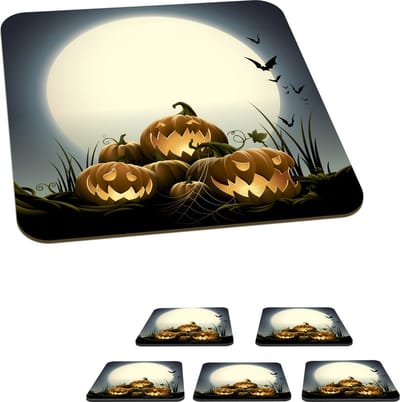 Onderzetters voor glazen - Een illustratie van lachende pompoenen tijdens Halloween - 10x10 cm - Glasonderzetters - 6 stuks