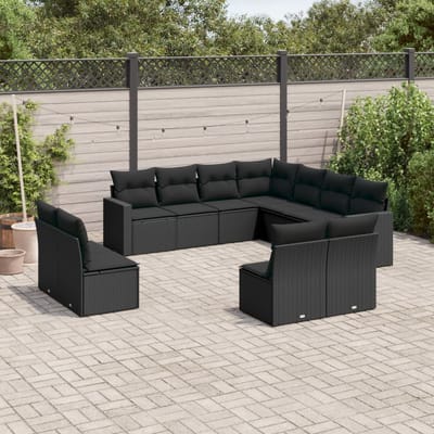 vidaXL - 11-delige - Loungeset - met - kussens - poly - rattan - zwart