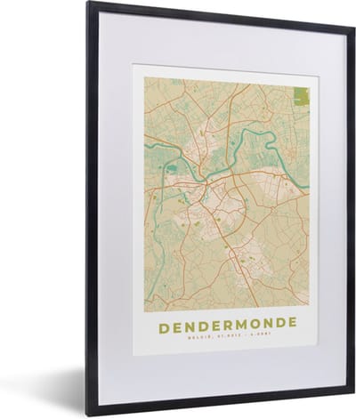 Fotolijst incl. Poster - Plattegrond - Kaart - Dendermonde - Vintage - Stadskaart - 30x40 cm - Posterlijst
