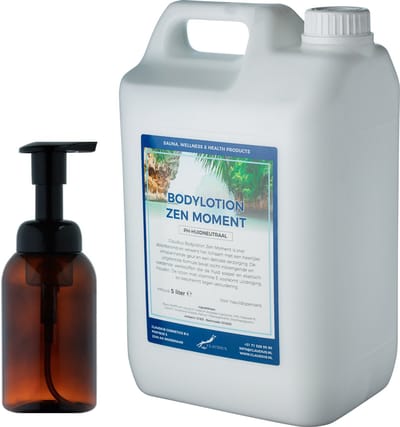 Zeepdispenser 300 ml amber bruin hervulbaar + 5 liter Bodylotion Zen Moment navulling