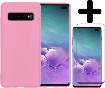 Hoesje - Met Screenprotector - Geschikt voor Samsung Galaxy S10 - Sterk & Shockproof - Back Cover - Siliconen Case - Telefoon Hoes - Telefoonhoesjes - Lichtroze