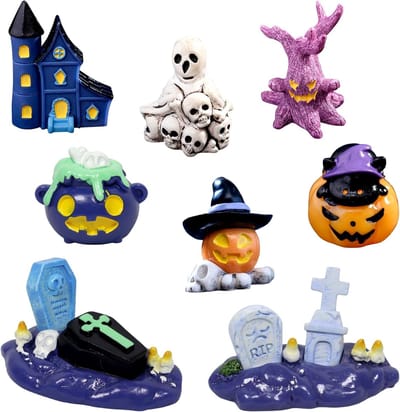 8 stuks Halloween-figuren, decoratie, grafsteen, Halloween miniaturen, kleine pompoen schedelfiguren, mini-ornamenten van kunsthars, kleine hars, miniatuur, indoor tuindecoraties voor bureaudecoratie