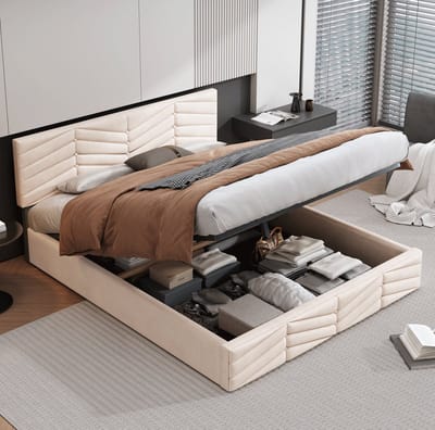 MEUNIQ gestoffeerd bed 140x190 cm met lattenbodem, verstelbaar hoofdbord en opbergruimte, tweepersoons bedframe voor slaapkamer in beige velours