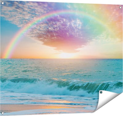 Gards Tuinposter Regenboog in het Water bij het Strand - 100x80 cm - Tuindoek - Tuindecoratie - Wanddecoratie buiten - Tuinschilderij