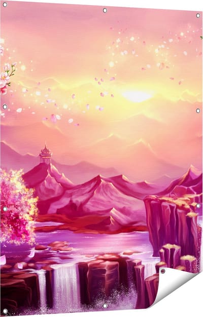 Gards Tuinposter Illustratie van Watervallen met Bloesems - 90x120 cm - Tuindoek - Tuindecoratie - Wanddecoratie buiten - Tuinschilderij
