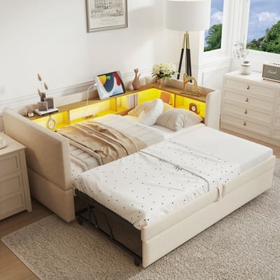 Sweiko Slaapbank - 90/180*190 cm - Uitschuifbaar - Met LED verlichting + oplaadpoort - Beige