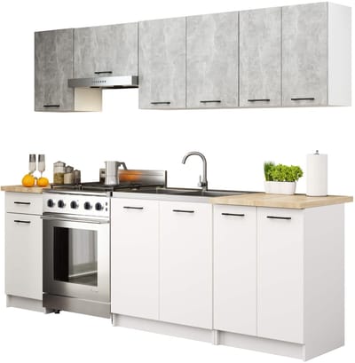 Complete Keuken, Keukenmeubelset OLIWIA met Verkblad 240 cm breed / Keukeneenheid zonder apparatuur / Beton Grijs - Wit / 240 x 203 x 46 cm