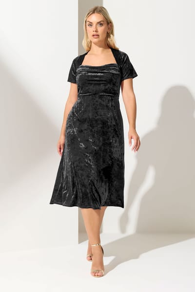 Yours London Zwarte Fluwelen Midijurk Met Vierkante Hals Size 42