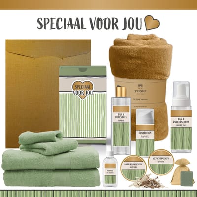 Geschenkset “Speciaal voor jou!” - 12 producten - 1910 gram | Triomf Groene Strepen - Giftset voor haar hem Cadeau Luxe Wellness Pakket Vrouw Man Speciaal Cadeaupakket Geschenk Verjaardag Kerst Kerstpakket Gift Set Giftset Goud Groen