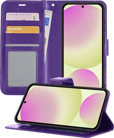 Hoesje - Met Pasjeshouder - Geschikt voor Samsung Galaxy S24 FE - Luxe Bookcase Portemonee - Flip Case - Kunstleer Book Case - Flipcase - Book Cover - Walletcase - Portemonneehoes - Telefoonhoesjes - Paars
