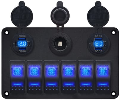 ProRide Schakelpaneel 12V voor Auto/Boot - USB/USB C Stopcontact 4 Poorten met Schakelaar - 65W - QC3.0 - 6 schakelaars + 12V/24V stopcontact - Blauw
