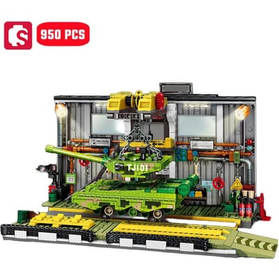 SEMBO 950 pièces Usine d'assemblage de chars de combat principaux Blocs de construction Kits Série Militaire MOC Voiture Cadeaux d'anniversaire Jouets pour garçons no box gray
