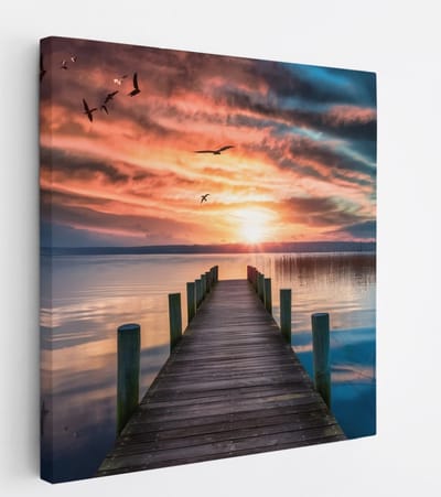 Saammp Canvas Schilderij - Steiger met vogels - Landschap - Natuur - 20x20 - Foto op canvas - Wanddecoratie - Muurdecoratie Woonkamer - Slaapkamer decoratie - Canvas Print
