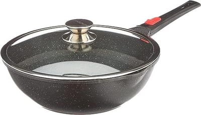 28 cm Wok met Afneembare Handgreep - Gietaluminium - Steen Coating - Glazen Deksel - Geschikt voor Alle Fornijzen Inclusief Inductie - Vrij van PFOA
