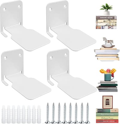 Zwevende boekenkast, 4-delige planken voor boeken, robuuste wandplank met metalen structuur voor wandmontage, voor slaapkamer, keuken, decoratie, boekenrek, zwevend met montagemateriaal