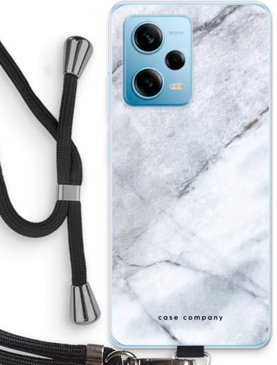 Case Company® - Hoesje met koord geschikt voor Xiaomi Redmi Note 12 Pro 5G hoesje met Koord - Witte marmer - Telefoonhoesje met Zwart Koord - Bescherming aan alle Kanten en Over de Schermrand