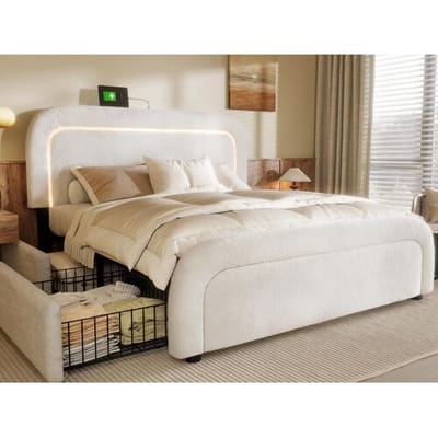 ModernLuxe Sherpa gewatteerd tweepersoonsbed met 4 lades - 140x200cm - met LED en oplaadpoorten - Wit
