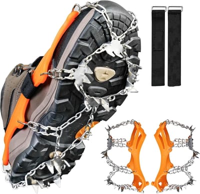Famanu - Stijgijzers voor wandellaarzen, ijssneeuwgrepen sneeuwspikes ijsschoenplaatjes tractie met antislip 18 schoenen spikes voor wandelen, joggen, klimmen en wandelen