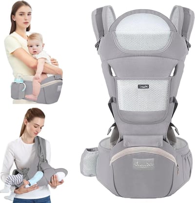 Wandelwagen met heupzitje multifunctionele babydrager 6-in-1 ergonomisch verstelbaar voor baby's kinderen 3-30 maanden (35-20 kg) - Lichtgrijs Taillelijn 71-118cm