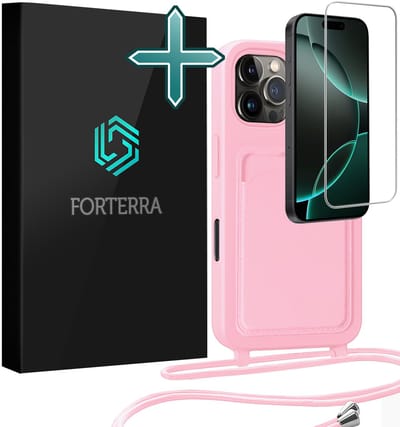 Hoesje Geschikt voor iPhone 16 Pro Pashouder Case Siliconen Hoes Met Koord Met Screenprotector - Hoes Geschikt voor iPhone 16 Pro Met Telefoonkoord Hoesje Back Cover Met Pasjeshouder - Lichtroze