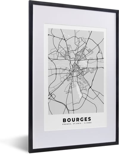 Fotolijst incl. Poster - Kaart - Stadskaart - Bourges - Plattegrond - Frankrijk - 40x60 cm - Posterlijst