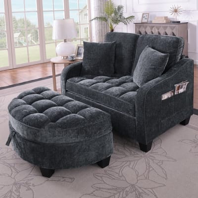 Slaapbank 2-in-1 - Multifunctionele Bank Met Opberghocker, Omvormbare Bank Naar Bed, Chenille Stof, Eucalyptus Houten Frame, Ruimtebesparend Design Voor Woonkamer Slaapkamer Zwart