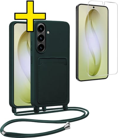Hoesje Geschikt voor Samsung S26 Hoesje Met Koord Met Screenprotector Siliconen Case - Hoes Geschikt voor Samsung Galaxy S26 Backcover Met Afneembaar Koord - Donkergroen