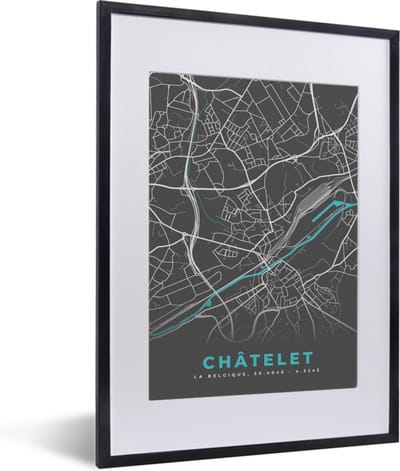 Fotolijst incl. Poster - België – Châtelet – Stadskaart – Kaart – Blauw – Plattegrond - 30x40 cm - Posterlijst