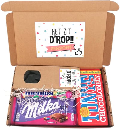 Pensioen cadeau - brievenbus cadeau - "Het zit d'rop - Pensioen" - chocolade - zakje het zit d'rop - cadeau