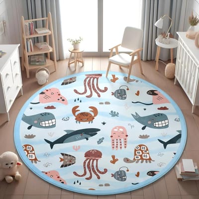 Blauw Zeedier Rond Tapijt voor Woonkamer Baby Meisje Kamer Kinder Speelkamer Mat Slaapkamer Zacht Kleed Kinderkamer Decoratie kinderspeelmat 120x120cm