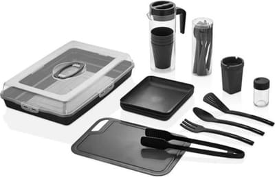 Dempa - 29 delig picknickset, BBQ set voor 4 personen, BPA-vrij, campingservices, vork, mes, lepel, bord, beker, picknickmand, picknicktassen - Zwart