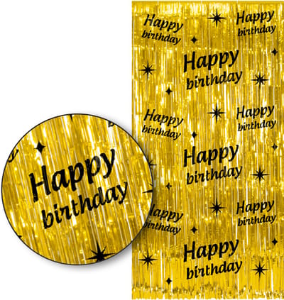 LUQ – Happy Birthday Franjes Gordijn – Goud & Zwart Tinsel Curtain 2x1 m – Luxe feestdecoratie voor verjaardag/birthday.