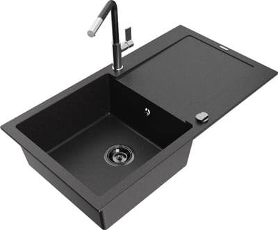 Mexen Leo granieten gootsteen 1-komor met afdruiprek en keukenkraan Flora, zwart/zilver metallic - 6501-73-670401-07-B