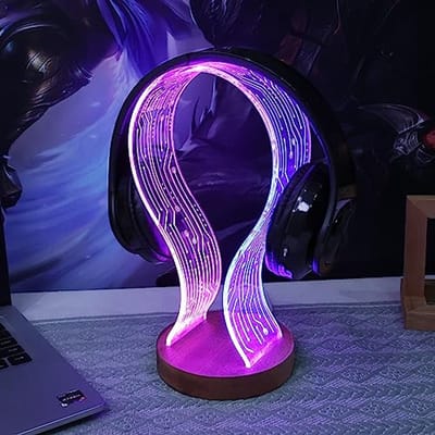 Houten Hoofdtelefoonstandaard met LED-nachtlampje - Perfect voor Gamers en Muziekliefhebbers