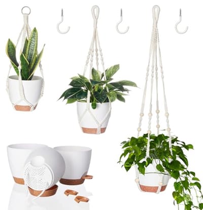 PromoHome 3-delige hangende plantenpot set met zelfbewatering - Witte macramé hangers