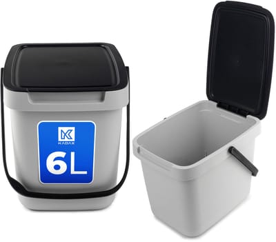 KADAX Afvalemmer met deksel en handvat, plastic afvalemmer voor afvalscheiding, rechthoekige afvalemmer met klapdeksel (grijs, 6 l)