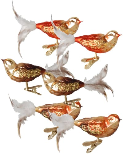 Krebs Kerst vogels - 6x stuks - op clip - bruin tinten - 11 cm - glass - Decoratievogeltjes - Kerstboomversiering